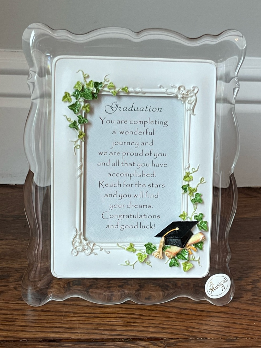 Graduation Musical Picture Frame - Resin/White/Green - Holds 3.5”x5” Pic NWT